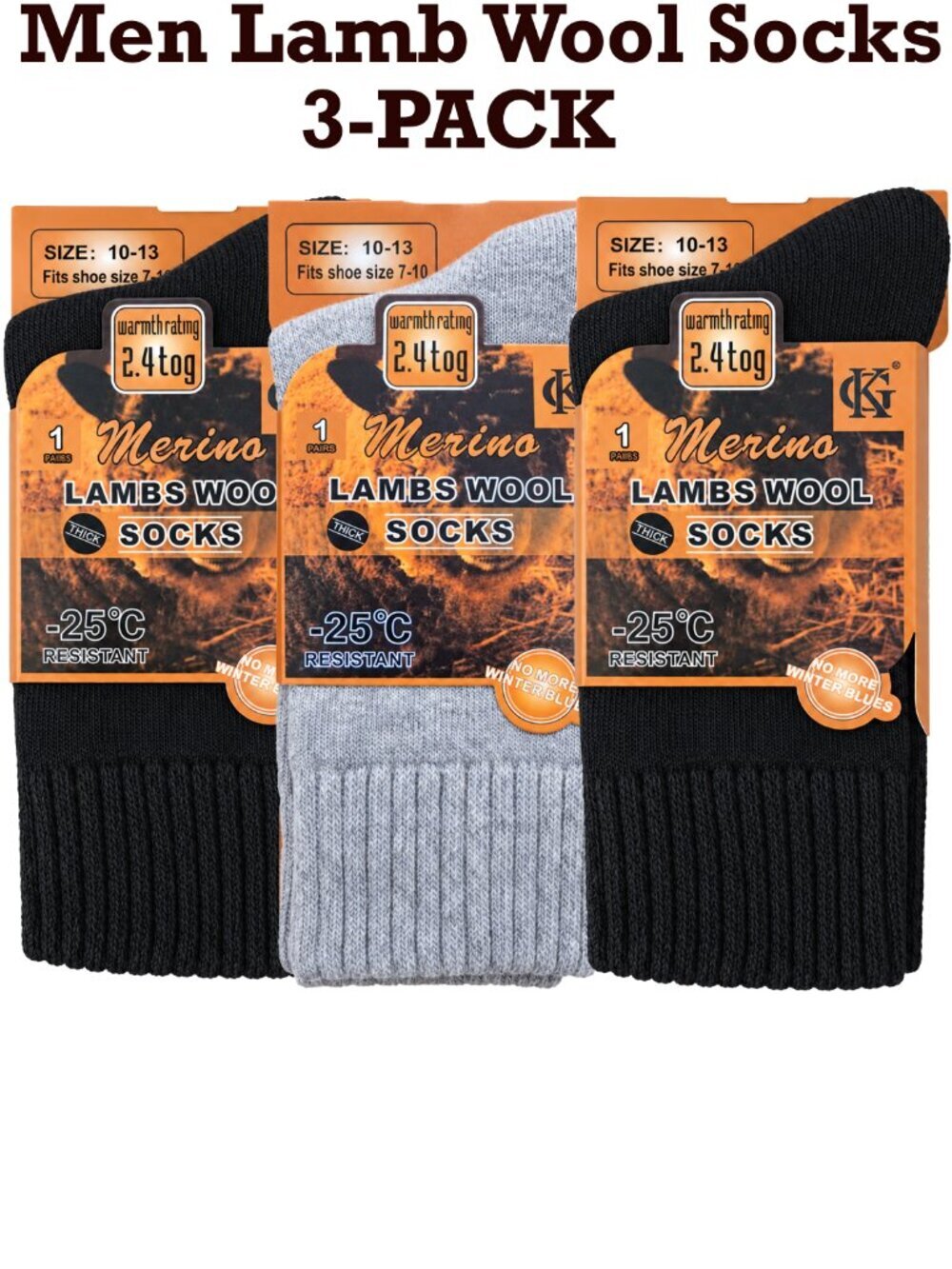 Men Merino Lamb Wool Socks, Size 10-13, Warm Winter Thermal Hiking, 3-Pairs NEW
